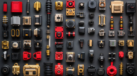 This captivating image showcases an array of colorful vintage camera parts and accessories arranged meticulously on a dark surface, perfect for photography enthusiasts.の素材