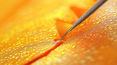A stunning macro shot showcasing glistening water droplets on an orange surface, highlighting precision with a tool and creating a vibrant abstract art feel.の素材