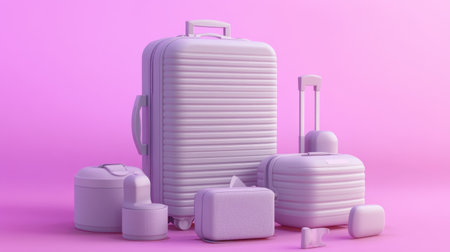 This image showcases a collection of minimalist luggage in various shapes and sizes against a vibrant pink background, emphasizing travel and lifestyle aesthetics.の素材