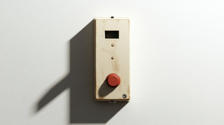 This image features a vintage control panel featuring a prominent red button and a small display, set against a clean background. The aesthetic combines retro design with industrial elements.の素材