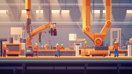 This vibrant illustration captures the essence of a modern manufacturing facility, showcasing robotic arms and diligent workers collaborating seamlessly in an automated environment.の素材