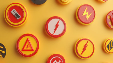 This vibrant image features an array of colorful circular symbols against a bright yellow background, showcasing artistic design and modern aesthetics.の素材