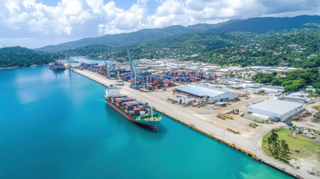 This captivating aerial photograph showcases a bustling container port surrounded by mountains, featuring cargo ships, towering cranes, and clear blue water.の素材
