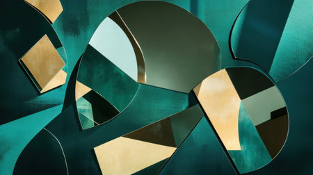 This captivating image showcases an abstract arrangement of circular mirrors over a rich teal and gold backdrop, creating a striking visual experience.の素材