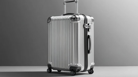 This image features a sleek silver hard-shell suitcase against a gray background, showcasing modern design and practicality for travel enthusiasts.の素材