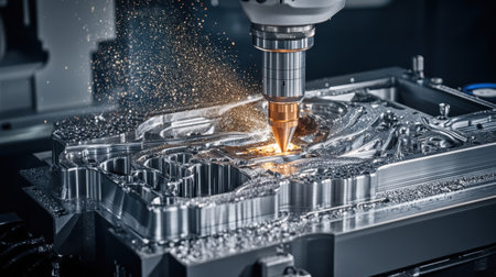 This dynamic image showcases a CNC machining process with sparks flying as precision cuts are made on a metal surface, highlighting advanced technology in manufacturing.の素材