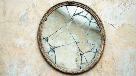 A vintage round mirror features a broken surface with multiple cracks reflecting a distressed wall, creating a compelling visual narrative.の素材
