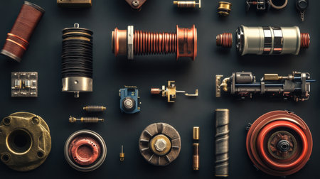 A striking flat lay arrangement of various mechanical components and industrial parts highlights the intricate details of metalwork. This image showcases the artistry and precision in each piece, set against a dark background for a dramatic effect. Perfect for themes of engineering and craftsmanship.の素材