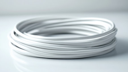 A clean and modern image featuring coiled white wires arranged on a surface. The soft lighting enhances the smooth texture, perfect for design or technology purposes.の素材