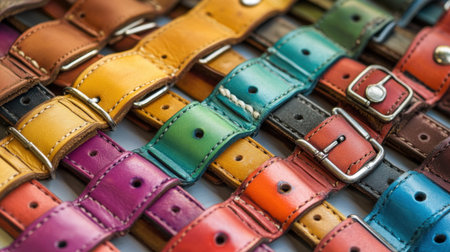 This close-up image features a striking collection of leather watch straps in various vibrant colors, highlighting unique stitching and textures.の素材