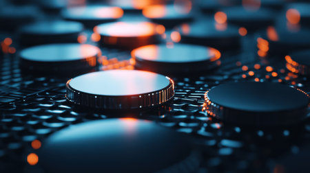 Explore an abstract close-up image featuring shiny coins on a textured surface, enhanced by glowing reflections, perfect for finance and technology themes.の素材