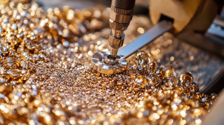 A detailed close-up of a precision tool in action, creating intricate metallic shavings in a workshop filled with golden workpieces, showcasing the art of metalworking.の素材