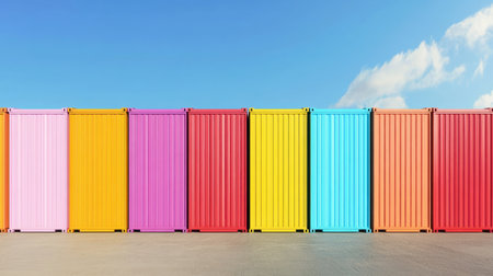 This image showcases a row of colorful shipping containers set against a bright blue sky, creating an energetic urban landscape ideal for modern projects.の素材
