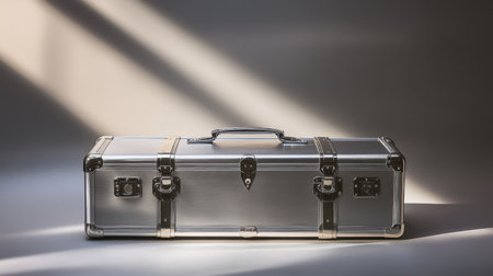 This image showcases a sleek silver aluminum suitcase with a modern design, set against a soft gray background highlighting its durable and minimalist features.の素材