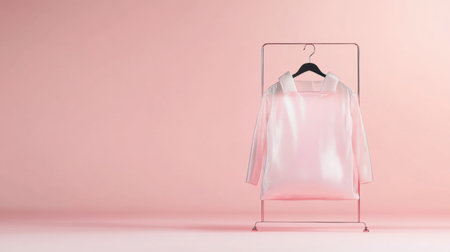 A soft pink sweater hangs elegantly on a minimalist hanger, set against a smooth pastel background that enhances its stylish appeal. Perfect for fashion displays or presentations.の素材
