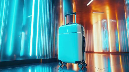 A vibrant blue hard-shell suitcase stands alone in a sleek, well-lit airport corridor. The background features neon lights that create a modern ambiance, ideal for reflecting the essence of travel and adventure.の素材