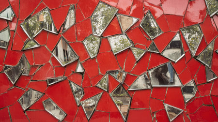 A striking abstract red wall featuring shattered mirror pieces that reflect various surroundings and create a captivating artistic pattern. The vibrant colors and unique design enhance the visual appeal, making it perfect for modern decoration or artistic inspiration.の素材