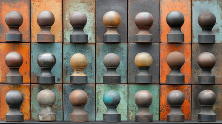 An artistic arrangement of various metallic sculptures showcases an array of textures and colors, perfect for modern decor enthusiasts and art lovers.の素材