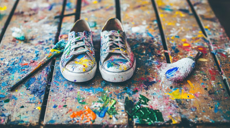 A vibrant pair of artistic sneakers sits on a weathered wooden table, surrounded by colorful paint splashes and art supplies, capturing creativity and fun.の素材