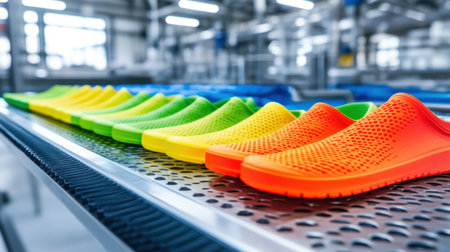 A vibrant display of colorful slip-resistant shoes lined up in a modern production facility, showcasing a blend of style and functionality in footwear manufacturing.の素材