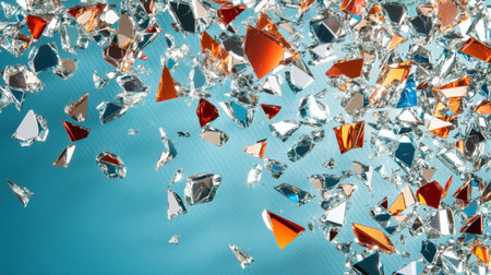 This image features a dynamic arrangement of colorful geometric shapes and shiny crystal fragments, creating a vibrant abstract composition against a blue background.の素材