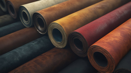 Discover a stunning collection of leather rolls in various rich colors, perfect for crafting, upholstery, and design projects, showcasing exquisite textures.の素材
