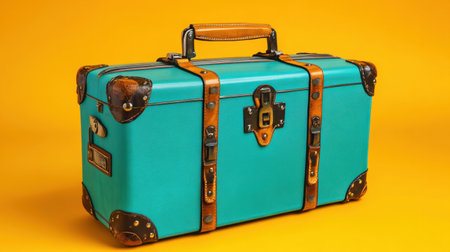 This stylish vintage turquoise suitcase with leather accents creates a striking visual on a bright yellow background, perfect for travel-themed projects.の素材