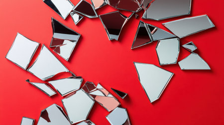 Explore the beauty of broken mirror pieces scattered on a vivid red background, creating a stunning visual composition ideal for artistic projects.の素材
