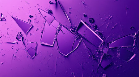 A captivating arrangement of broken glass shards scattered across a vivid purple background, showcasing intricate reflections and textures for artistic exploration.の素材