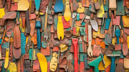 This vibrant collection of hand tools is artistically arranged against a textured background, highlighting craftsmanship and creativity in various colors and materials.の素材