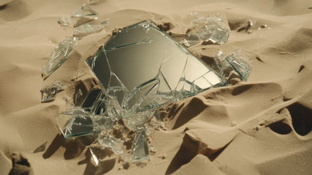 A captivating scene featuring broken mirror fragments scattered on soft desert sand, creating a striking interplay of light, shadow, and texture in a serene landscape.の素材