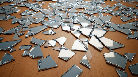 A scattering of shattered mirror pieces spread across a polished wooden floor, showcasing intricate reflections and geometric shapes, perfect for an artistic backdrop.の素材