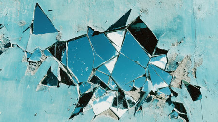 An artistic composition of shattered mirror pieces reflecting a vibrant blue wall, capturing intricate textures and light reflections, perfect for creative projects.の素材