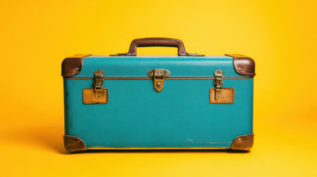 A vibrant vintage turquoise suitcase with leather accents set against a bright yellow background, perfect for travel-themed projects or nostalgic designs.の素材