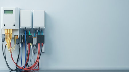 This image showcases a modern electrical control panel installed on a wall, featuring neatly organized wires and connectors, highlighting a clean, minimalist aesthetic.の素材