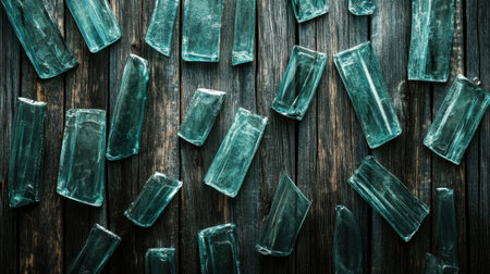 A captivating arrangement of shattered glass pieces scattered on a dark wooden surface, showcasing intricacies of light and texture. Perfect for artistic projects.の素材