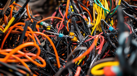 A captivating close-up of a chaotic tangle of colorful electric wires and cables showcases intricate details of technology and connectivity.の素材