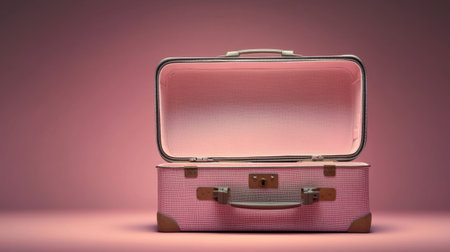 This vintage pink suitcase features an open lid, perfect for showcasing travel themes and adventures. The soft pink background adds charm and warmth.の素材