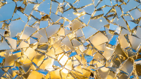 A captivating close-up of shattered glass fragments reflecting dynamic light patterns. This image features a bright background with a stunning interplay of color and texture, ideal for artistic and abstract design projects.の素材