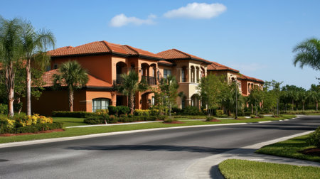 A picturesque residential community featuring beautiful Mediterranean-style architecture surrounded by vibrant greenery and palm trees under a clear sky.の素材