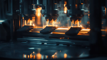 This image showcases a close-up view of a cutting-edge manufacturing process for shoe soles, featuring intricate machinery and vibrant lighting, emphasizing technology in production.の素材