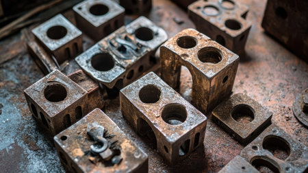 A collection of rusty metal blocks rests on a dusty factory floor, showcasing the beauty of industrial decay with rich textures and tones.の素材