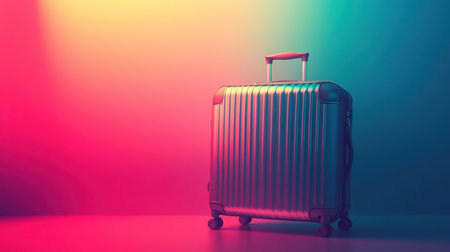 A sleek silver suitcase stands alone against a vibrant gradient background, evoking feelings of adventure and stylish travel planning. The soft lighting enhances the suitcase's design, making it a perfect visual for showcasing travel gear and accessories.の素材