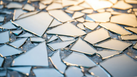 This stunning image captures close-up details of shattered mirror glass pieces, showcasing their reflective surfaces and sharp edges. The interplay of light creates a mesmerizing texture, making it ideal for abstract art or design concepts.の素材