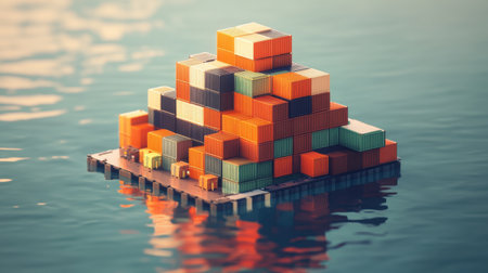 A visually striking arrangement of colorful shipping containers stacked on a floating platform in tranquil waters, showcasing reflections and industry charm.の素材