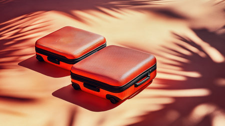 Two vibrant orange hard shell suitcases are placed on a sandy surface, casting striking palm leaf shadows, evoking a sense of summer adventure and travel.の素材