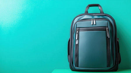 This modern backpack showcases a sleek design with multiple compartments, ideal for travel, school, or daily use. The vibrant teal background enhances its stylish appeal.の素材