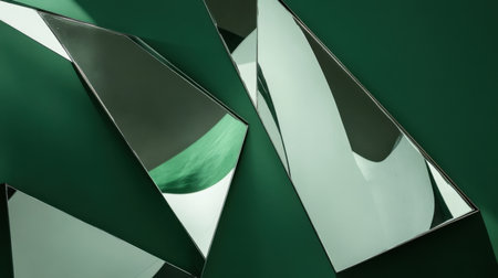 A captivating arrangement of geometric mirrors against a rich green background, showcasing unique shapes and angles that reflect light beautifully.の素材