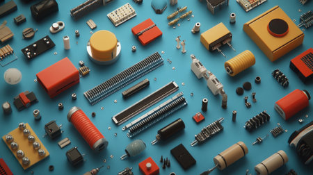 A vibrant collection of assorted electronic components is displayed on a blue background. This array highlights various parts essential for technology and innovation, perfect for design inspiration and educational resources.の素材