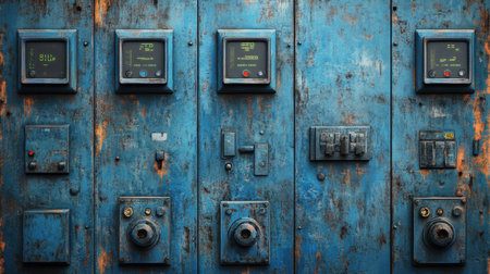 A detailed view of a weathered control panel featuring various digital displays and buttons against a rusty blue surface, showcasing industrial charm.の素材